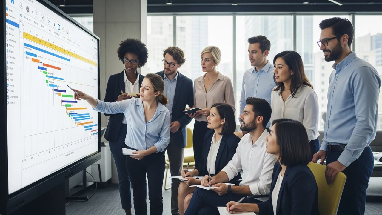 Team reviewing a project plan on a large screen
